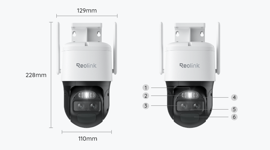 Reolink TrackMix LTE vista frontale con doppio obiettivo e dimensioni